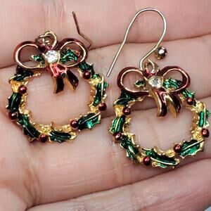 Avante Christmas Wreath Dangle Drop Earrings Hook Rhinestone 1" Gold Tone